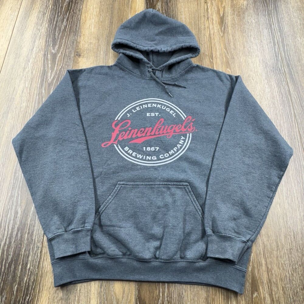 Leinenkugels Hoodie Mens M Gray Sweatshirt Beer Brewing Company Logo Sweater Y2K